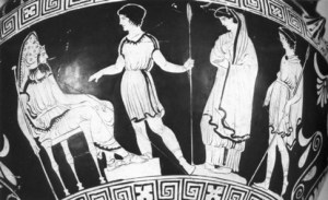 Créon est à gauche et Antigone est représentée en jeune fille modeste